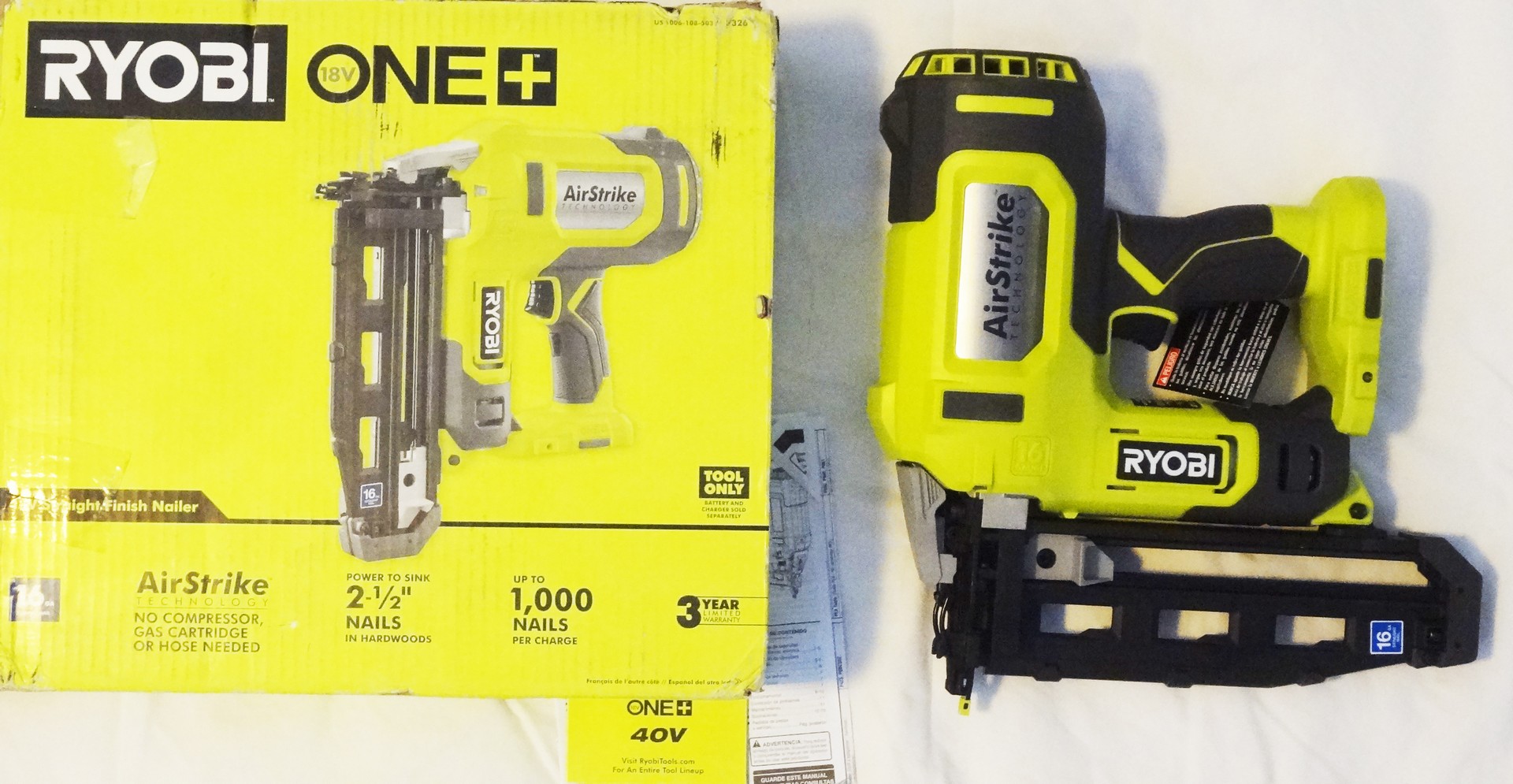 Ryobi ONE+ P326 18V 16-Gauge Cordless AirStrike Finish Nailer, Tool ...